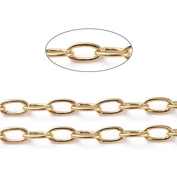 Brass Paperclip Chains, Drawn Elongated Cable Chains, Soldered, with Spool, Oval, Long-Lasting Plated, Real 18K Gold Plated, 8x5x1mm, about 16.4 Feet(5m)/roll