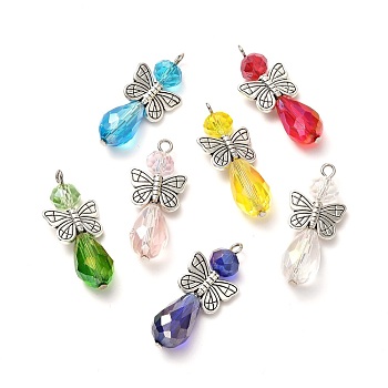 Glass Pendants, with Tibetan Style Alloy Butterfly Beads and Electroplate Glass Beads Strands, AB Color Plated, Teardrop, Mixed Color, 34.5x15x9mm, Hole: 1.8mm