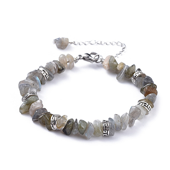 Natural Labradorite Chip Bracelets, with Flat Round Tibetan Style Alloy Spacers Beads and Stainless Steel Findings, 7-1/4 inch~7-3/8 inch(18.4~18.8cm)