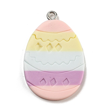 Easter Handmad Polymer Clay Pendants, with Iron Loops, Egg, Colorful, 34x22x3mm, Hole: 2mm