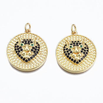 Brass Micro Pave Cubic Zirconia Pendants, Real 16K Gold Plated, with Jump Rings, Nickel Free, Flat Round with Leopard, Black, 23x21x5.5mm, Hole: 3mm