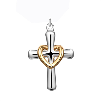Brass Heart and Cross Pendants, Silver & Golden, 35x24mm