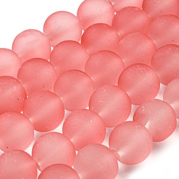 Transparent Glass Bead Strands, Frosted, Round, Salmon, 10mm, Hole: 1.3~1.6mm, about 80pcs/strand, 31.4 inch