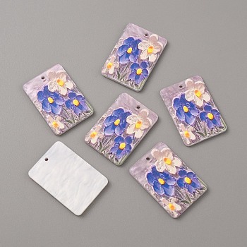 Embossed Printed Acrylic Pendants, Rectangle with Flower, Mauve, 36x25x2.5mm, Hole: 1.8mm