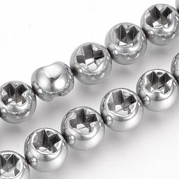 Electroplate Non-magnetic Synthetic Hematite Beads Strands, Rondelle with Cross Shaped Hole, Platinum Plated, 10x8mm, Hole: 1mm, about 40pcs/strand, 15.7 inch