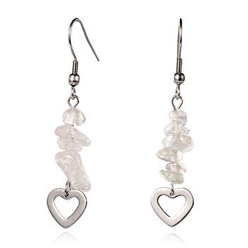 Heart Natural Crystal Dangle Earrings, with 304 Stainless Steel Earring Hooks, 52mm, Pin: 0.6mm