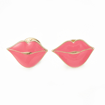 Eco-Friendly Zinc Alloy Enamel Brooches, Enamel Pin, with Badge Lapel Pin Back Butterfly Clutches, Lip, Hot Pink, 14x21mm, pin: 1mm