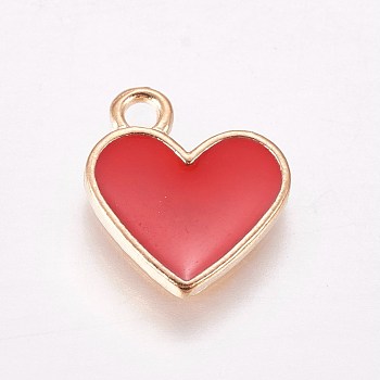 Alloy Enamel Charms, Heart, Light Gold, Red, 13x11.5x1.6mm, Hole: 1.6mm