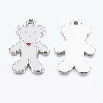 Alloy Enamel Pendants, Lead Free and Cadmium Free, Bear, Platinum, White, about 27mm long, 17mm wide, 2mm thick, hole: 2mm