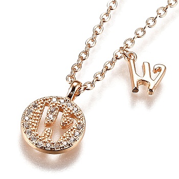 Brass Micro Pave Clear Cubic Zirconia Double Letter Pendant Necklaces, with Cable Chains, Letter.W, 14-3/4 inch(37.6cm)