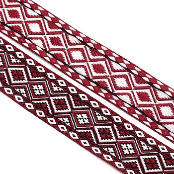 Ethnic Style Embroidery Polyester Ribbons, Jacquard Ribbon, Garment Accessories, Rhombus Pattern, Dark Red, 1-1/4 inch(31.5mm), about 50.00 Yards(45.72m)/Roll