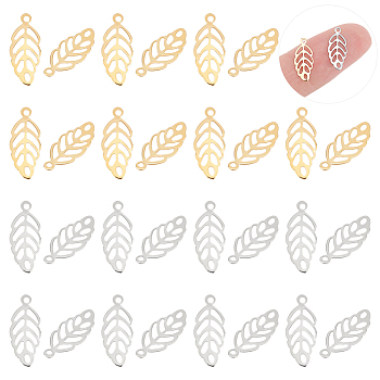 304 Stainless Steel Charms, Leaf, Golden & Stainless Steel Color, 13x5.5x0.3mm, Hole: 1mm, 120pcs/box