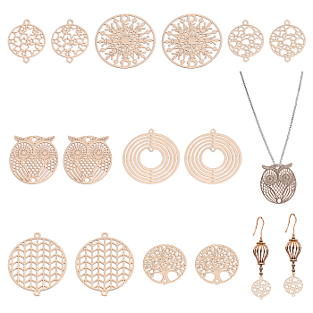 56Pcs 7 Styles Brass Connector Charms, Etched Metal Embellishments, Long-Lasting Plated, Owl & Flat Round, Mixed Shapes, Light Gold, 16~23.5x12.5~20x0.3mm, Hole: 1mm, 8pcs/style
