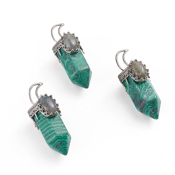 Synthetic Malachite Pointed Big Pendants, with Gunmetal Tone Brass Pendant Bails and Natural Labradorite, Bullet, 52~54x20x22~23mm, Hole: 8x5mm