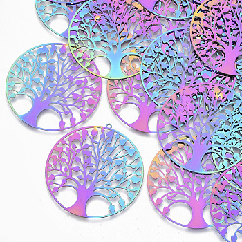 Ion Plating(IP) 201 Stainless Steel Filigree Pendants, Etched Metal Embellishments, Flat Round with Tree of Life, Rainbow Color, 47x45x0.3mm, Hole: 1.2mm