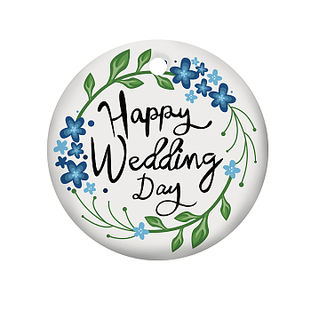 Handmade Porcelain Pendants, Flat Round Word Happy Wedding Day, Royal Blue, 75x2mm