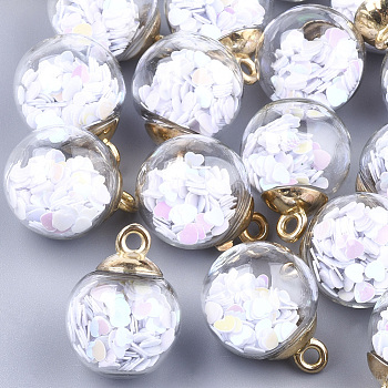Glass Ball Pendants, with Glitter Sequins and CCB Plastic Findings, Round with Heart, Golden, White, 21x15.5~16mm, Hole: 2mm