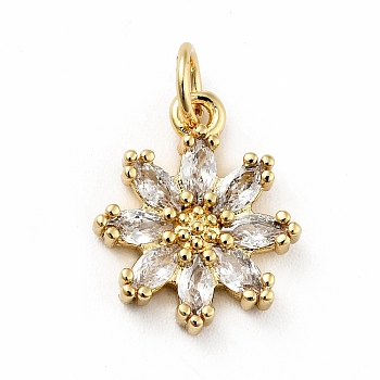 Rack Plating Brass Micro Pave Cubic Zirconia Charms, Long-Lasting Plated, Lead Free & Cadmium Free, Real 18K Gold Plated, Flower, Clear, 14.5x12x3mm, Hole: 3mm