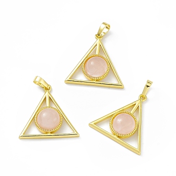 Natural Rose Quartz Pendants, Triangle Charms, with Golden Tone Rack Plating Brass Findings, Cadmium Free & Lead Free, 26.5x27x7~7.5mm, Hole: 7x4mm