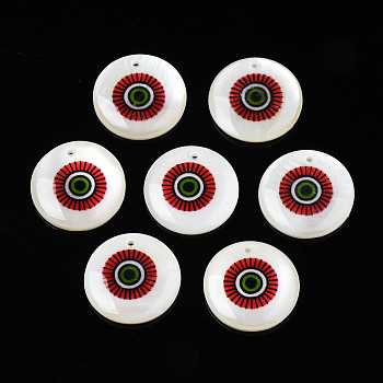 Printed Freshwater Shell Charms, with Enamel, Flat Round, Medium Violet Red, 17.5~18.5x2.5~3.5mm, Hole: 1.2mm