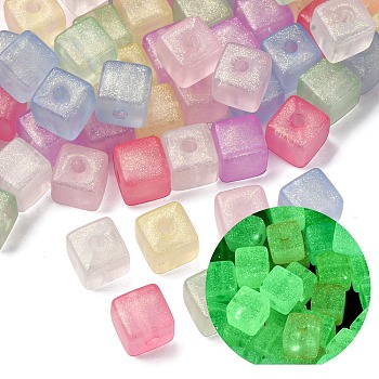 Luminous Opaque Acrylic Beads, Mixed Color, with Glitter Powder, Glow in the Dark, Cube, 8.5x9x9mm, Hole: 2mm, about 735pcs/500g