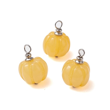 Opaque Resin Vegetable Pendants, Autumn Pumpkin Charms with 304 Stainless Steel Loops, Yellow, 19x13x13mm, Hole: 3mm