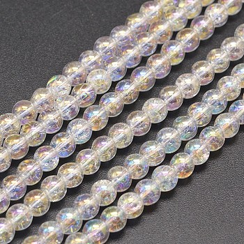 Electroplate Synthetic Crackle Quartz Bead Strands, Round AB Color Plated, Clear AB, 10mm, Hole: 1mm, about 40pcs/strand, 15.7 inch