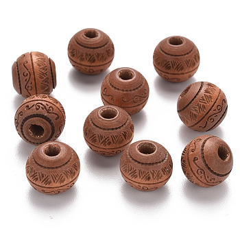 Painted Natural Wood Beads, Laser Engraved Pattern, Round with Leave Pattern, Peru, 10x9mm, Hole: 2.5mm