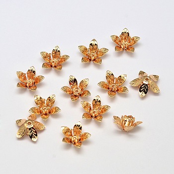5-Petal Flower Brass Bead Caps, Cadmium Free & Nickel Free & Lead Free, Real 18K Gold Plated, 14x6mm, Hole: 1mm