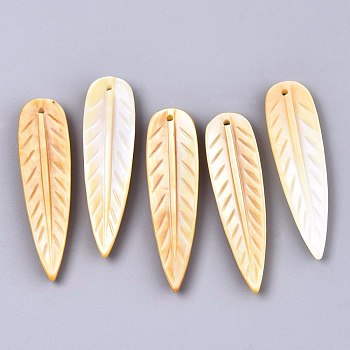 Natural Yellow Shell Pendants, Leaf, 35.5x9x2.5~3mm, Hole: 1mm