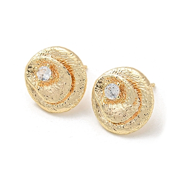 Brass with Glass Twist Flat Round Stud Earrings Findings, with Loops, Real 18K Gold Plated, 14x14.5mm, Hole: 1.2mm, Pin: 11x0.7mm