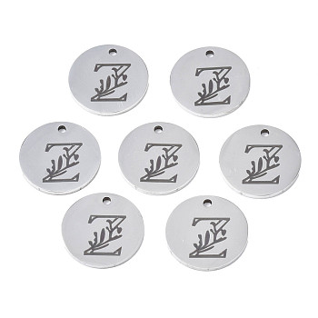 304 Stainless Steel Charms, Laser Cut, Designed Letter Engraved, Flat Round, Stainless Steel Color, Letter.Z, 14x1mm, Hole: 1.2mm