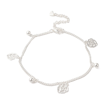 304 Stainless Steel Charm Bracelets, Curb Chain Bracelets, Flower, 8-1/2 inch(21.7cm), Rose: 14x11x1mm