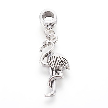 Alloy European Dangle Charms, Large Hole Pendants, with Iron Ring, Flamingo, Antique Silver, 41mm, Hole: 5mm, 29x12x3mm