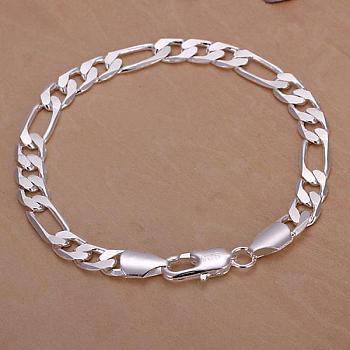 Unisex Brass Figaro Chain Bracelets, with Lobster Clasps, Silver Color Plated, 200x8mm