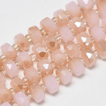Electroplate Glass Beads Strands, Imitation Jade Glass, Rainbow Plated, Faceted, Flat Round, PeachPuff, 7~8x5mm, Hole: 1mm, about 80pcs/strand, 21.26 inch