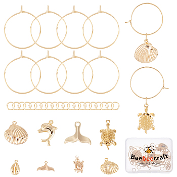 DIY Ocean Theme Wine Glass Charm Making Kit, Including Brass Whale Tail & Shell & Dolphin Pendants & Hoop Earring Findings , Real 18K Gold Plated, 36Pcs/box