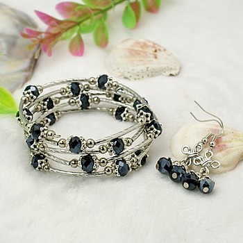 Glass Jewelry Sets, Bracelets and Earrings, with Tibetan Style Beads, Brass Tube Beads, Steel Memory Wire and Brass Earring Hooks, Black, Earrings: 40mm, Bracelets: 55mm