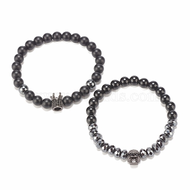 2Pcs 2 Style Synthetic Hematite & Black Stone & Natural Obsidian Stretch Bracelets Set with Cubic Zirconia Skull(BJEW-JB08120-03)-4