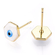 Enamel Hexagon with Evil Eye Stud Earrings, Real 18K Gold Plated Brass Jewelry for Women, White, 8x9mm, Pin: 0.8mm(EJEW-E274-03G-03)