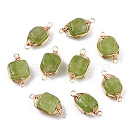 Natural Agate Links Connectors, Light Gold Tone Brass Wire Wrapped, Cube, Light Green, 17x8.5x7mm, Hole: 1.6mm(G-T131-99B)