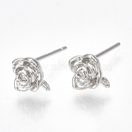 Brass Cubic Zirconia Stud Earring Findings, with Loop, 925 Sterling Silver Pins, Flower, Clear, Nickel Free, Real Platinum Plated, 6.5x6.5mm, Hole: 0.5mm, Pin: 0.7mm(X-KK-S350-012P)