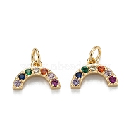 Brass Colourful Cubic Zirconia Charms, with Jump Ring, Long-Lasting Plated, Lead Free & Cadmium Free, Rainbow, Real 18K Gold Plated, 6.5x10x2mm, Jump Ring: 4x0.8mm, 2.5mm Inner Diameter(ZIRC-C024-12G)