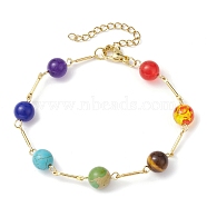 Natural & Synthetic Mixed Gemstone Round Beaded Link Chain Bracelet, Stainless Steel Bracelet with Resin Imitation Amber, 7-1/2 inch(19cm)(BJEW-JB09971)
