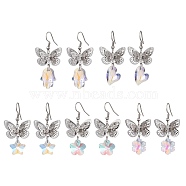 Filigree 3D Butterfly Platinum Brass Dangle Earrings, Glass Drop Earrings, Mixed Shapes, 43~50x23mm(EJEW-JE05676)