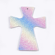 PU Leather Big Pendants, with Sequins, Cross, Colorful, 58x39.5x1mm, Hole: 1.2mm(FIND-S299-13)