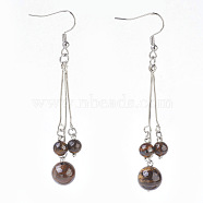 Natural Tiger Eye Dangle Earrings, with 304 Stainless Steel Earring Hooks and Iron Eye Pins, Round, 77~78mm, Pendant: 57~58mm, Pin: 0.6mm(EJEW-JE02813-08)