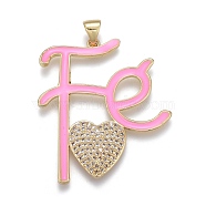 Brass Micro Pave Cubic Zirconia Pendants, with Enamel, Long-Lasting Plated, Real 18K Gold Plated, Letter and Heart, Pearl Pink, 35x30.5x3mm, Hole: 3x5mm(ZIRC-M108-21B-G)