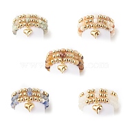 3Pcs 3 Style Natural Gemstone & Brass Beaded Finger Rings with 304 Stainless Steel Heart Charms for Women, US Size 7 1/2(17.7mm), 1Pc/style(RJEW-JR00470)