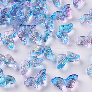 Two Tone Transparent Spray Painted Glass Beads, with Glitter Powder, Butterfly, Dodger Blue, 8x15x4.5mm, Hole: 1mm(GLAA-S190-018M-01)